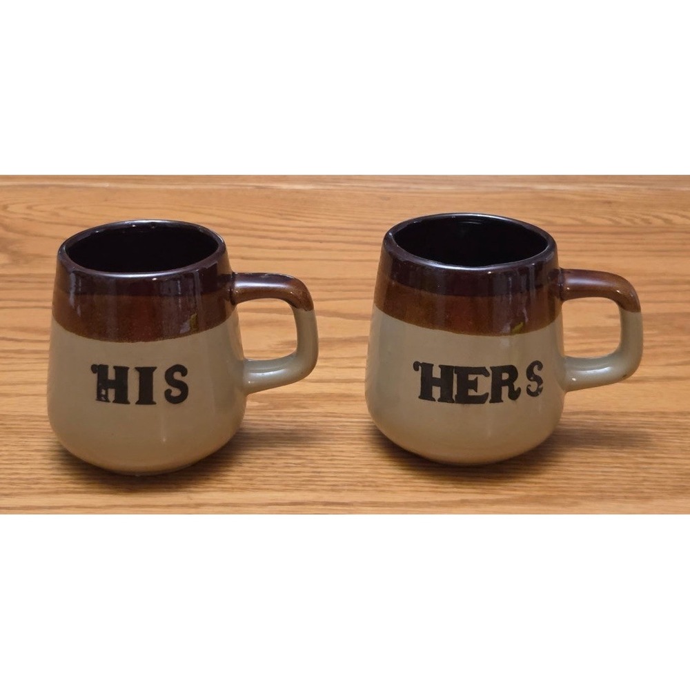 Vintage Stoneware HIS & HERS Coffee Mugs Brown Tan Drip Glaze Set 1970s